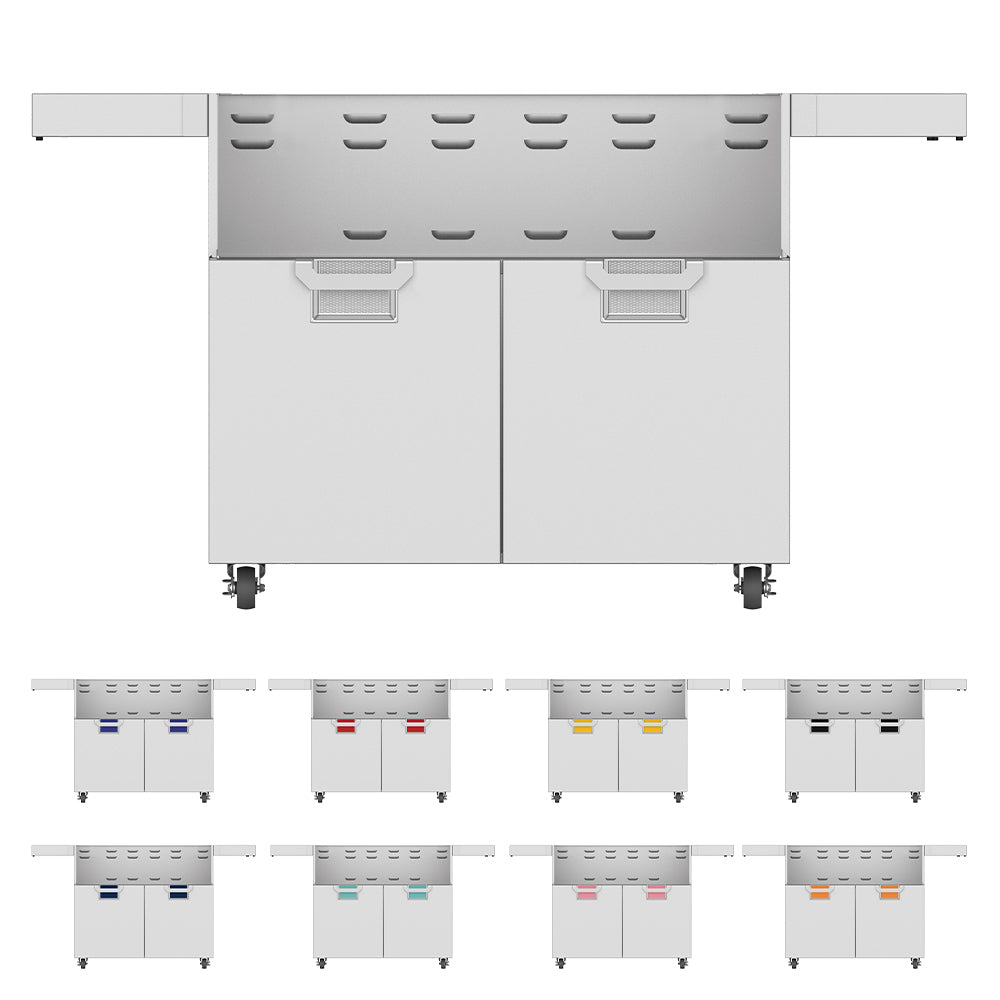 Double-door grill cart with two cabinet doors and vented panel, light gray