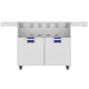 Double-door grill cart with blue control inserts and two cabinet doors, light gray