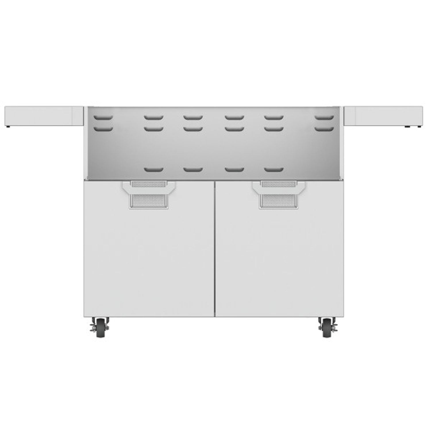 Double-door grill cart with vented backsplash and two cabinet doors, light gray