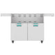 Outdoor grill cart with double doors, storage drawers with teal panels, and rolling legs