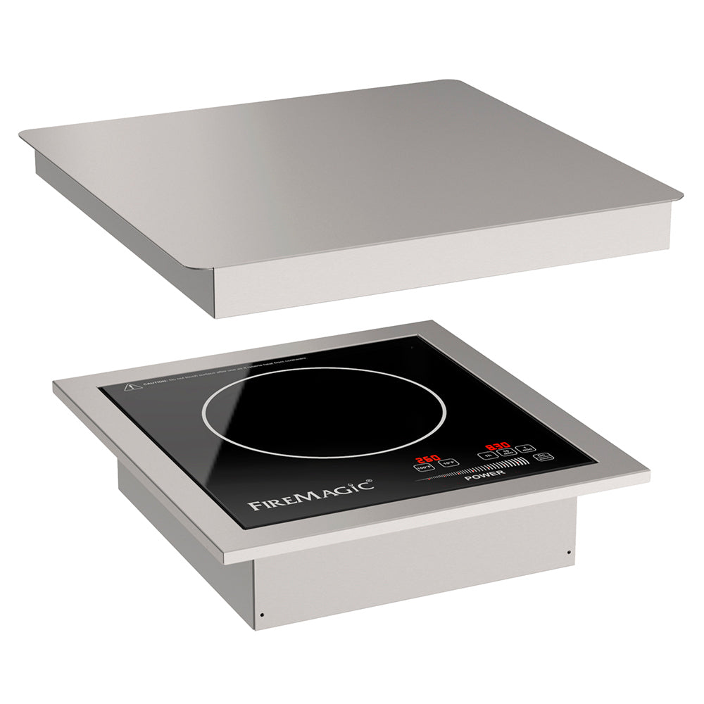 Built-in outdoor induction cooktop with black glass top and control panel