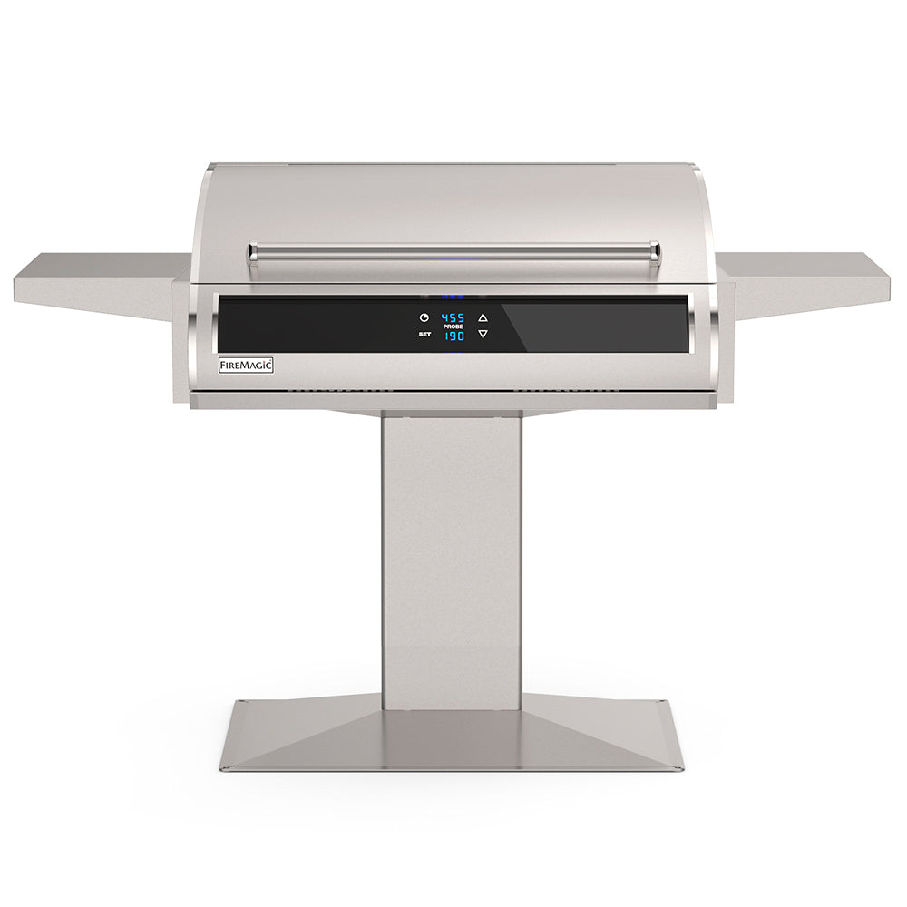 Electric post-mount grill with front digital controls, hood, and side shelves