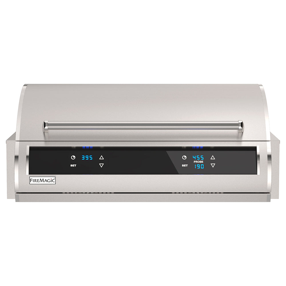 Built-in electric grill with black digital control panel and two temperature control bars