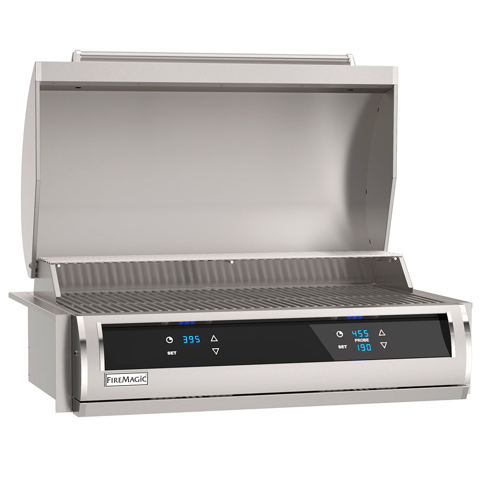 Open electric grill with ribbed tray and black digital control panel