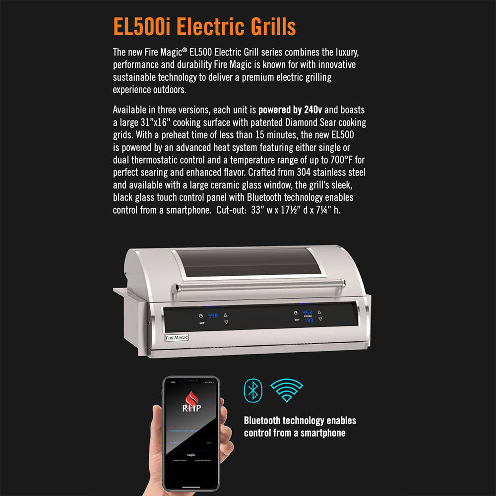 Electric grill with digital controls, shown with smartphone app and wireless icons.
