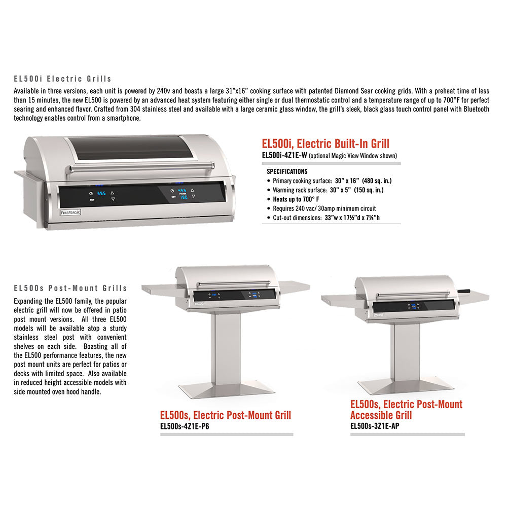 Post-mount electric grill shown with control panel and side shelves