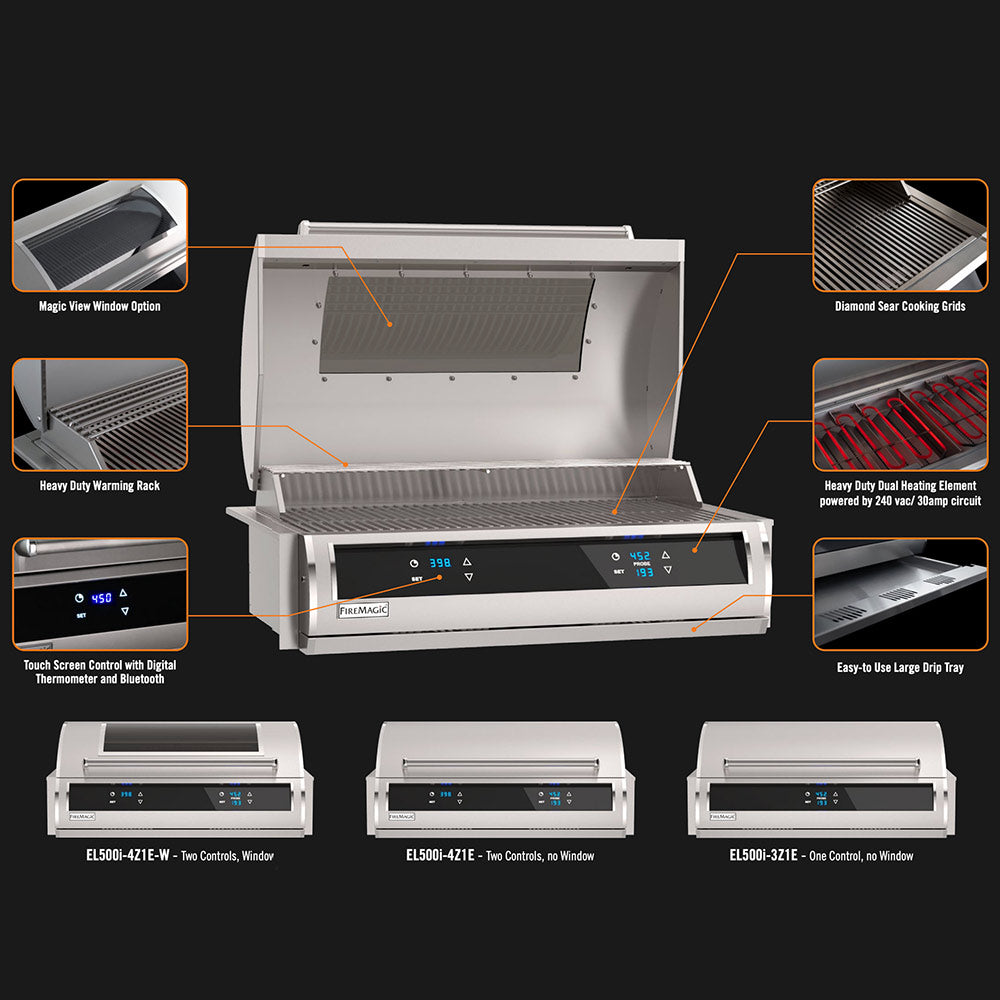 Electric grill diagram with cutaway view, touch control panel, and warming rack inside