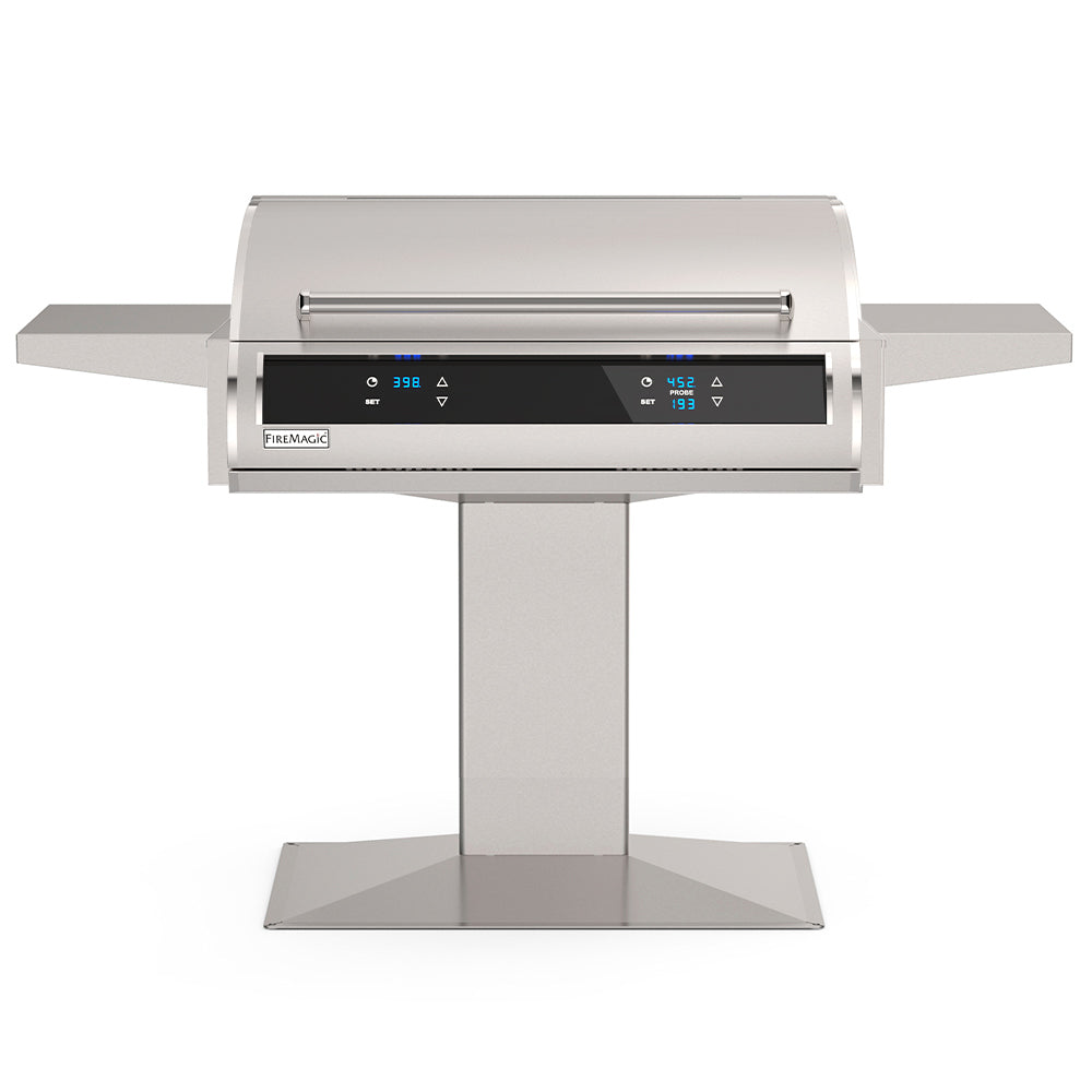 Electric post-mount grill with digital control panel and side shelves, front view on stand.