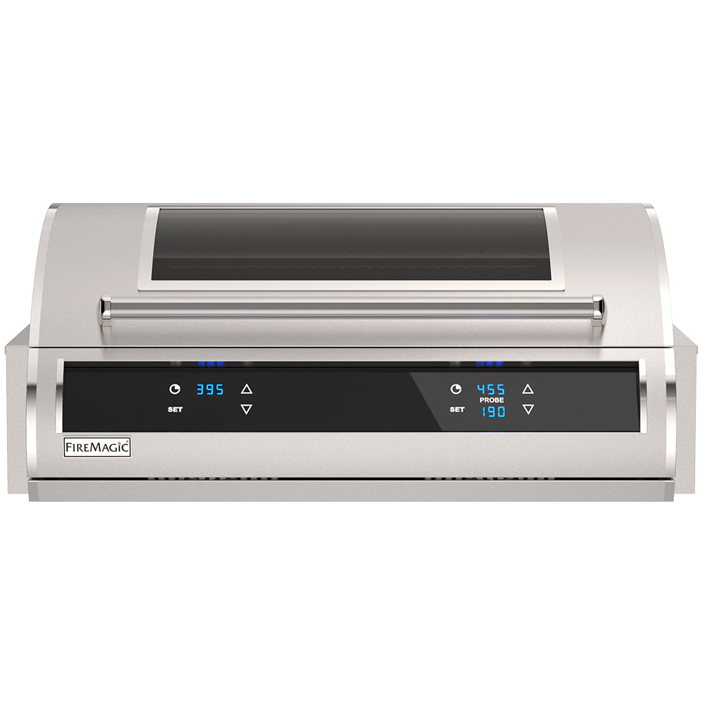 Built-in electric grill with stainless housing, dark display control panel, and viewing window