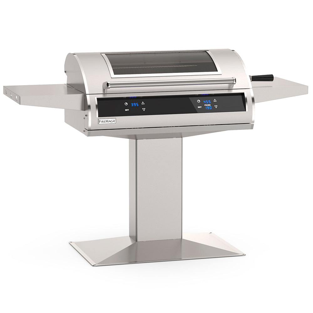 Post-mount electric grill with dual controls, dark lid window, and pedestal base