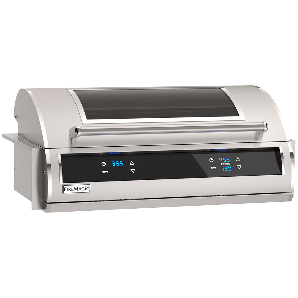 Built-in electric grill with stainless body and dark control panel, shown at an angle