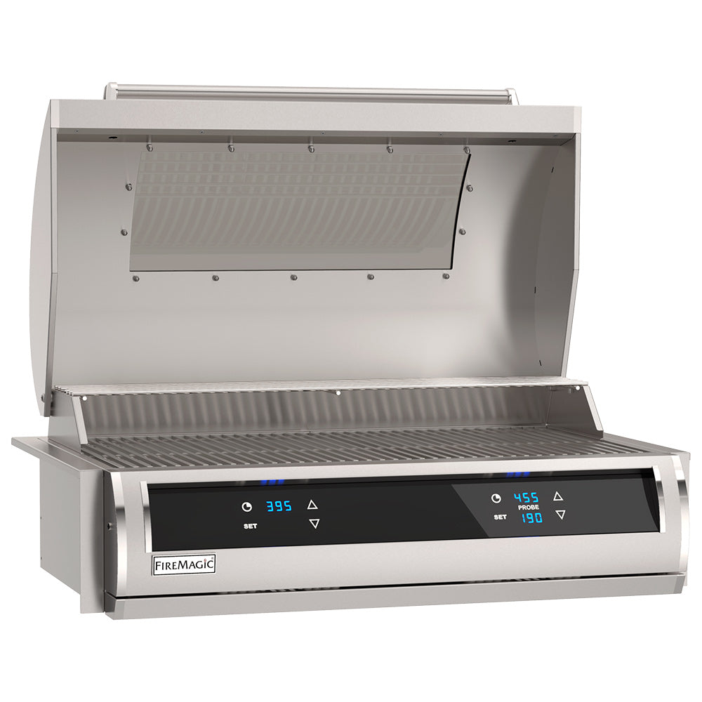 Built-in electric grill with lid open, interior heat reflector and metal cooking grates