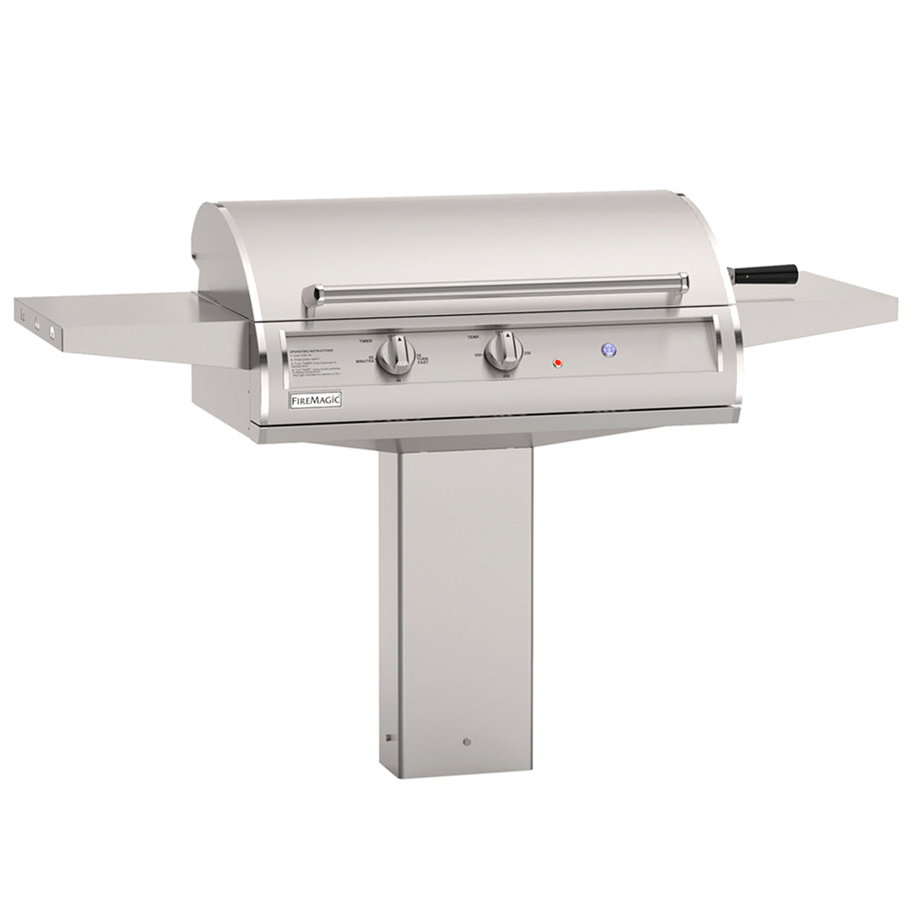 Fire Magic electric grill with post mount, front control panel and side shelf, stainless steel