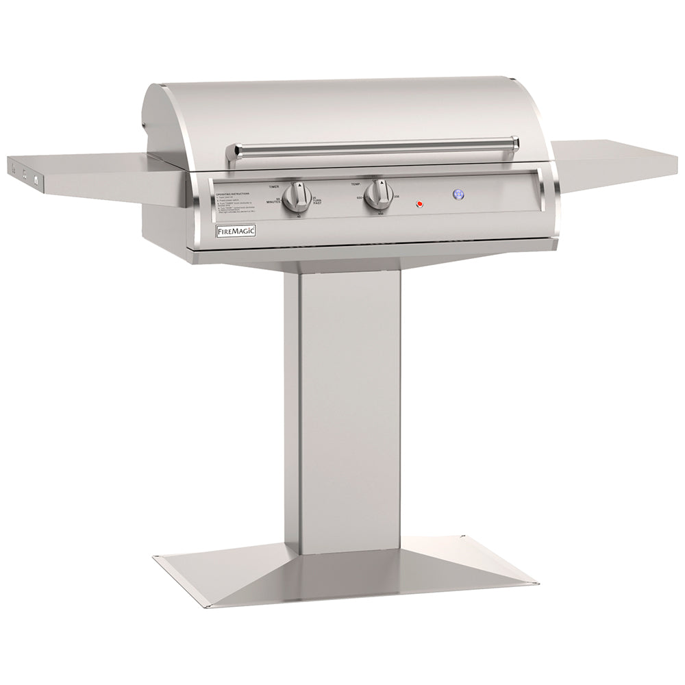 Fire Magic electric grill with post mount, stainless steel lid, side shelf, control knobs