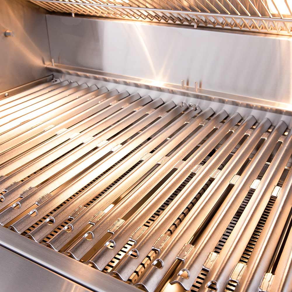 Stainless grill grates with parallel heat bars inside a built-in dual fuel grill