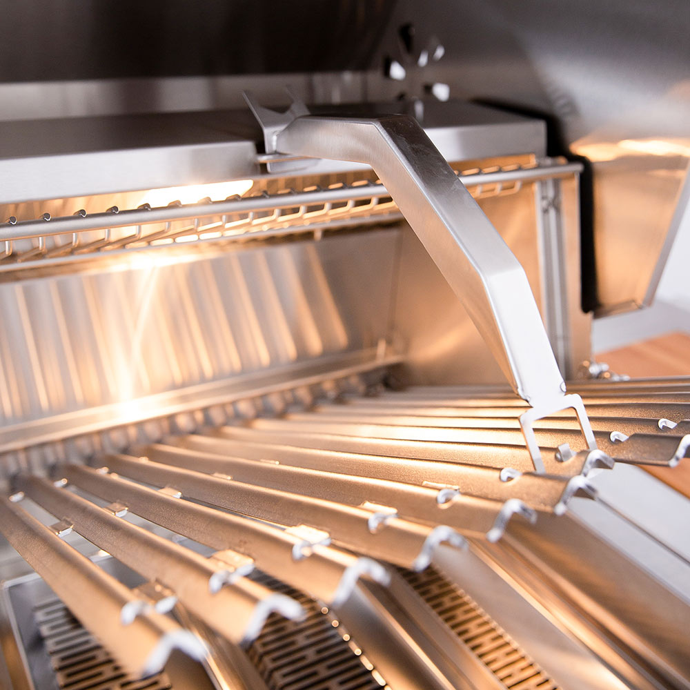Built-in dual fuel grill rotisserie arm above stainless cooking grates