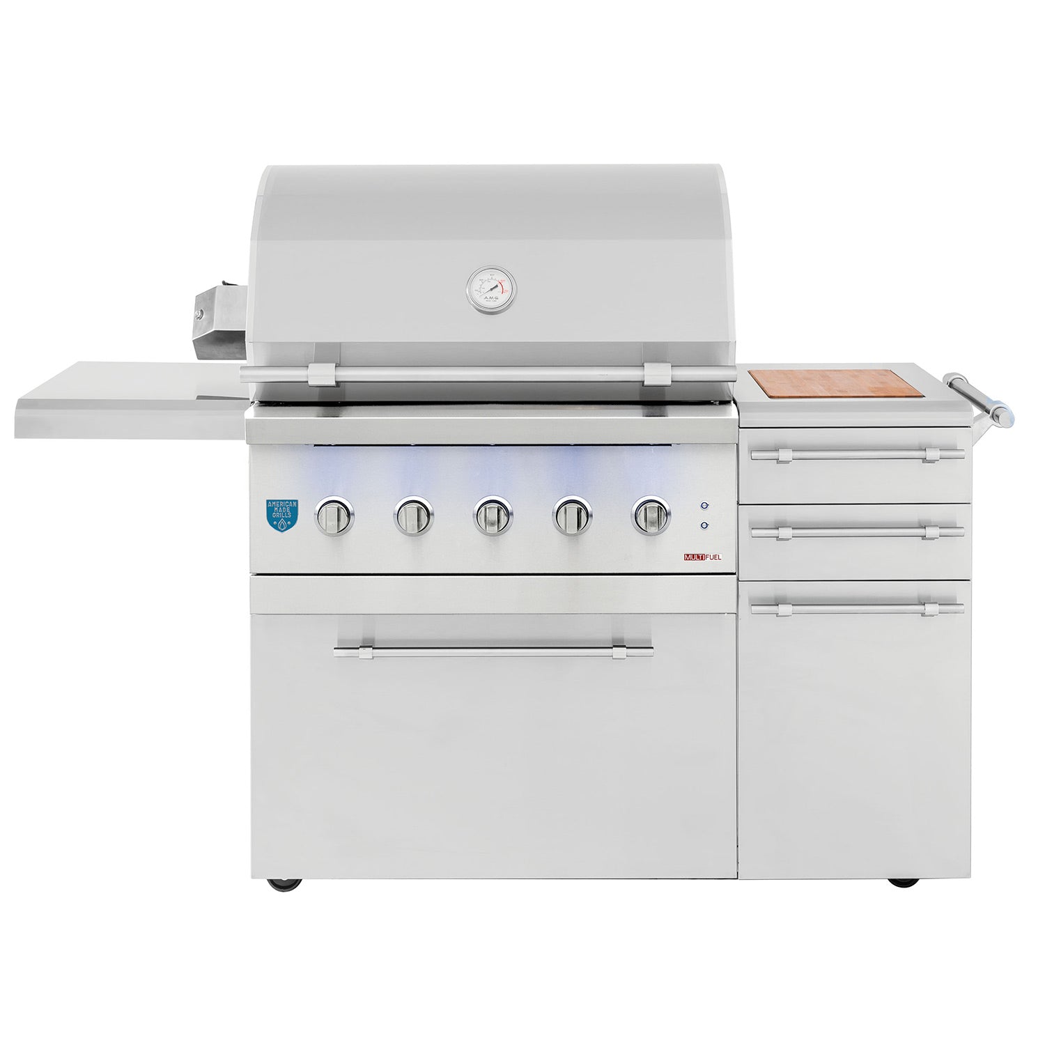 Dual fuel wood and gas grill on cart with front control knobs and lid.