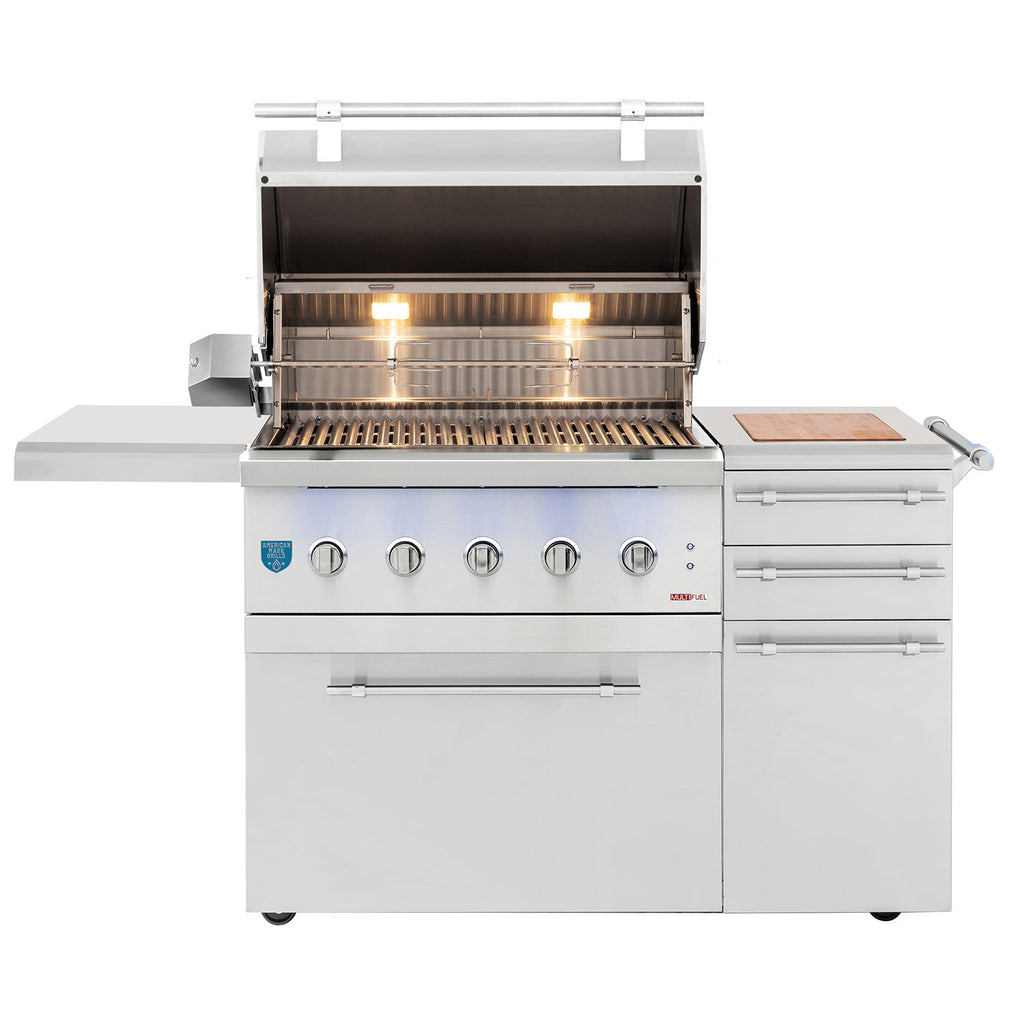 Dual fuel grill on cart with lid open showing lit burners and grates.