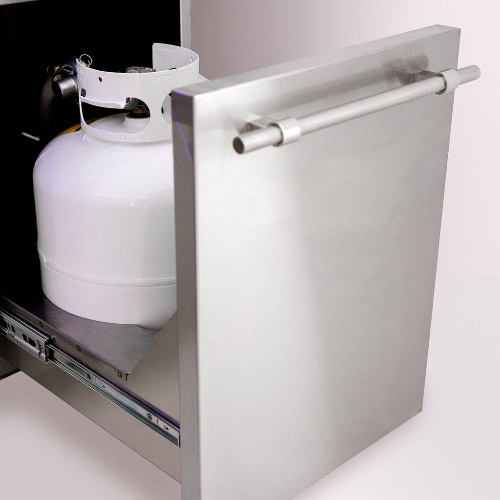 Stainless steel grill cart cabinet holding a propane cylinder and regulator hose