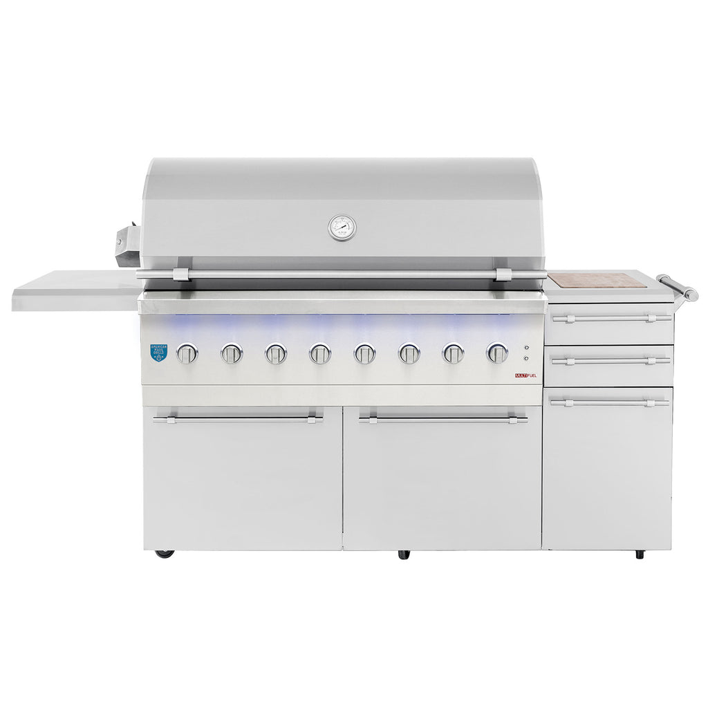 Stainless steel grill on cart with control knobs and side shelf, lid closed