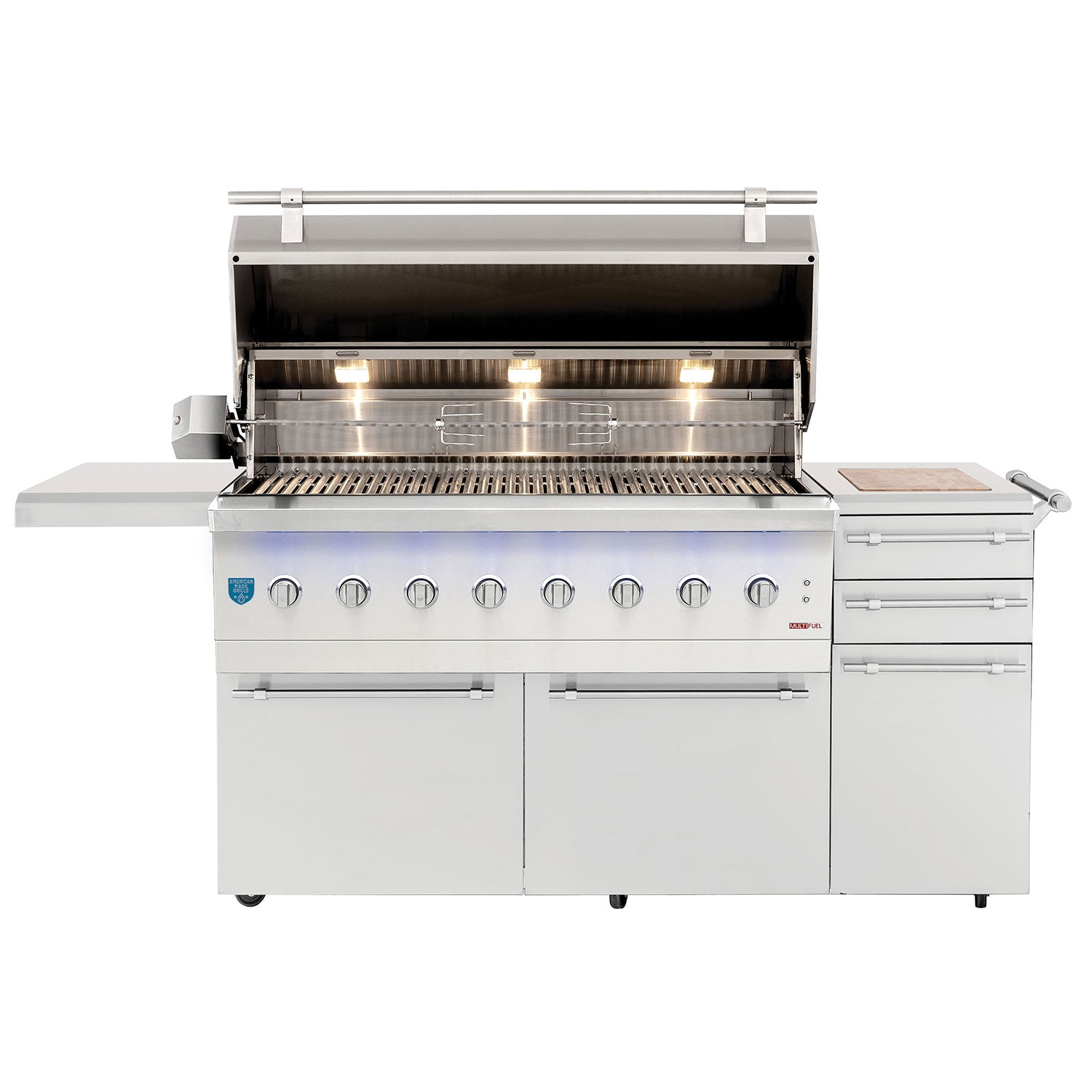 Stainless steel grill on cart with lid open, burners and cooking grates visible