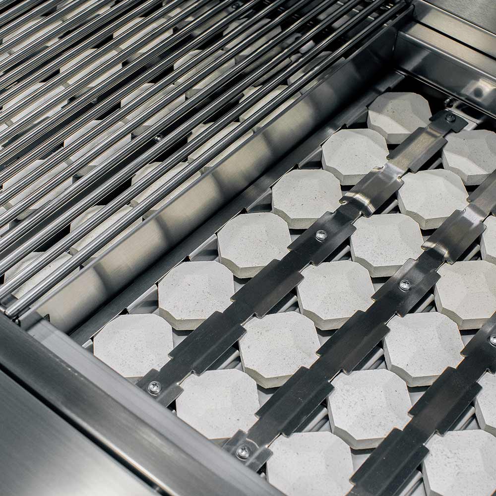 Infrared searing burner tray with gray hexagonal heat plates and black rails