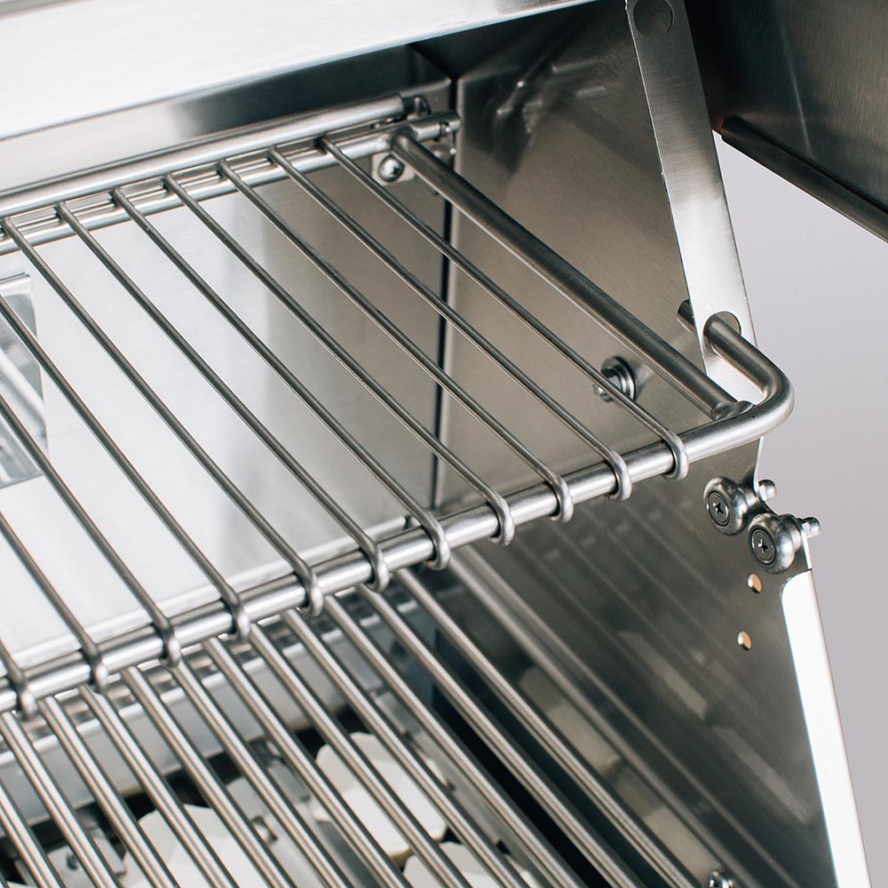 Stainless grill grate with attached lifting handle and side mounting brackets
