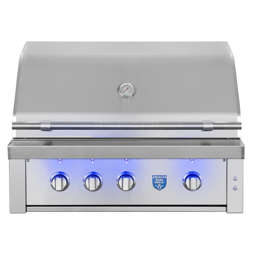 Built-in gas grill front panel with five blue knobs and stainless control face