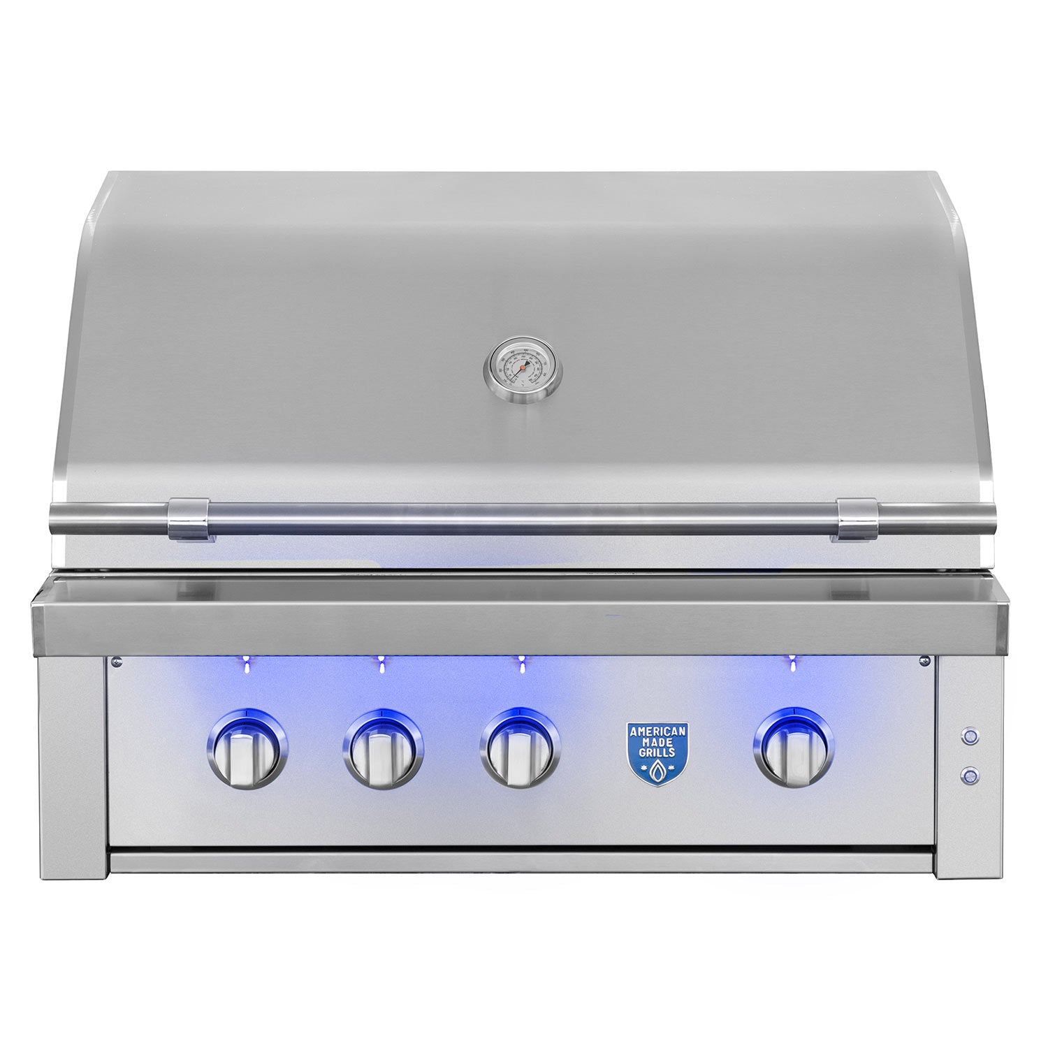 Built-in gas grill front panel with five blue knobs and stainless control face