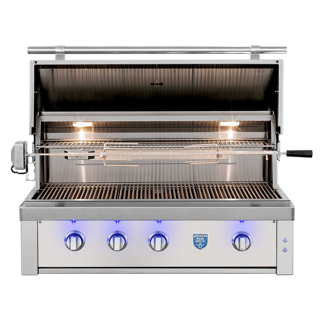 Built-in gas grill with open lid, stainless steel burners and grates visible
