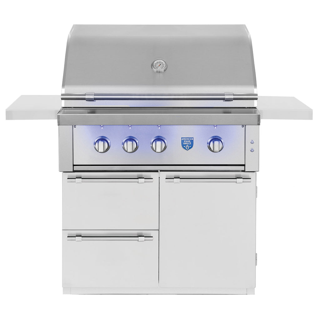 Stainless gas grill on cart with control knobs and closed lid