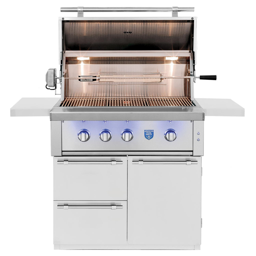 Open stainless gas grill on cart with burners visible and control panel