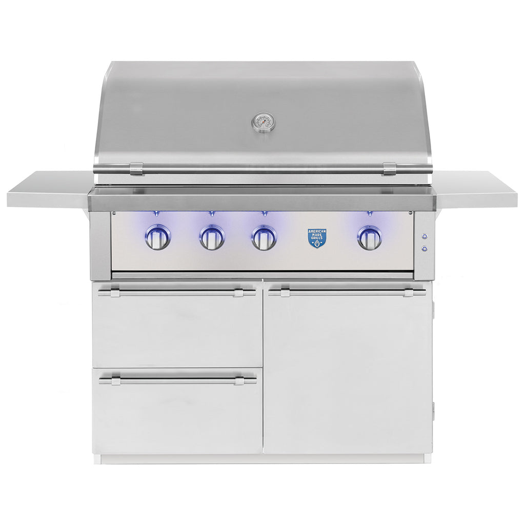 Stainless steel gas grill with control knobs and cabinet doors on cart