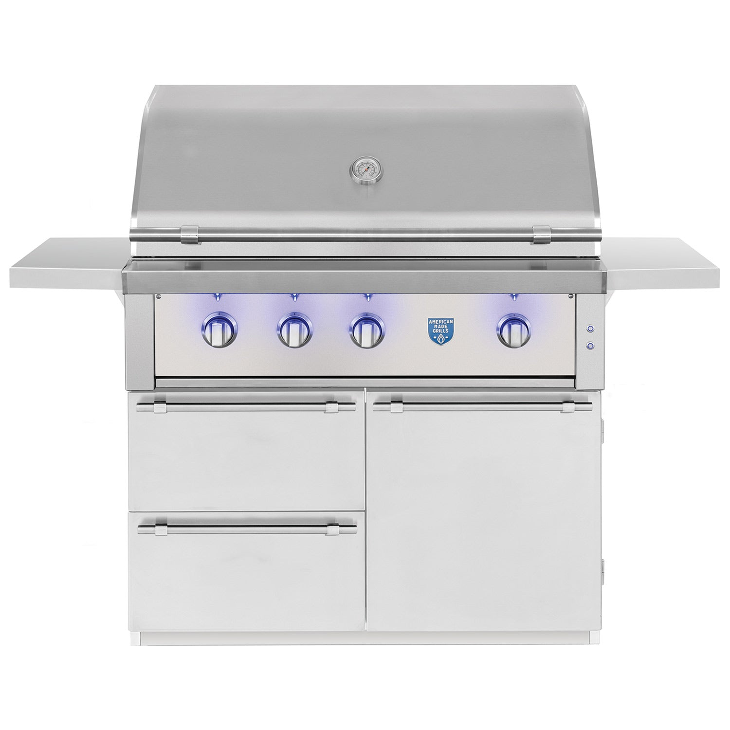 Stainless steel gas grill with control knobs and cabinet doors on cart