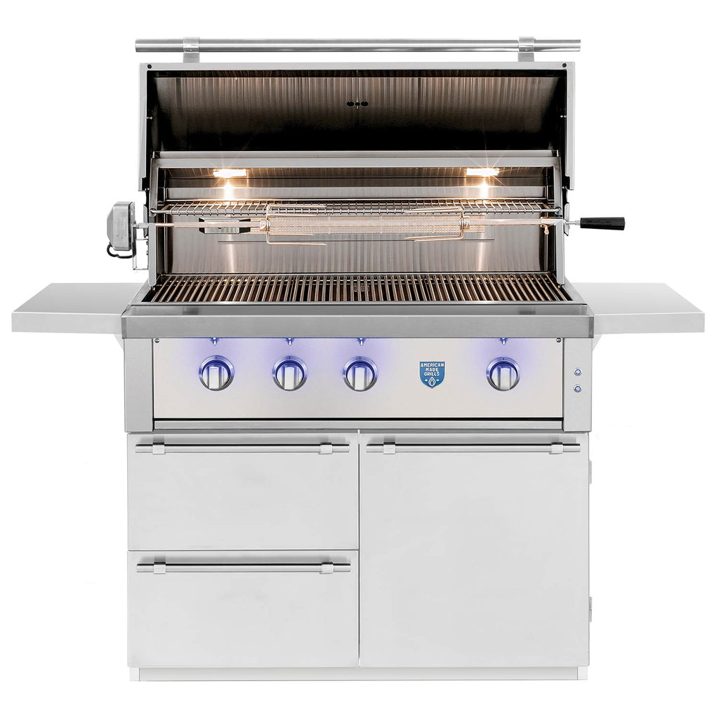 Open stainless steel gas grill lid with cooking grates and control panel