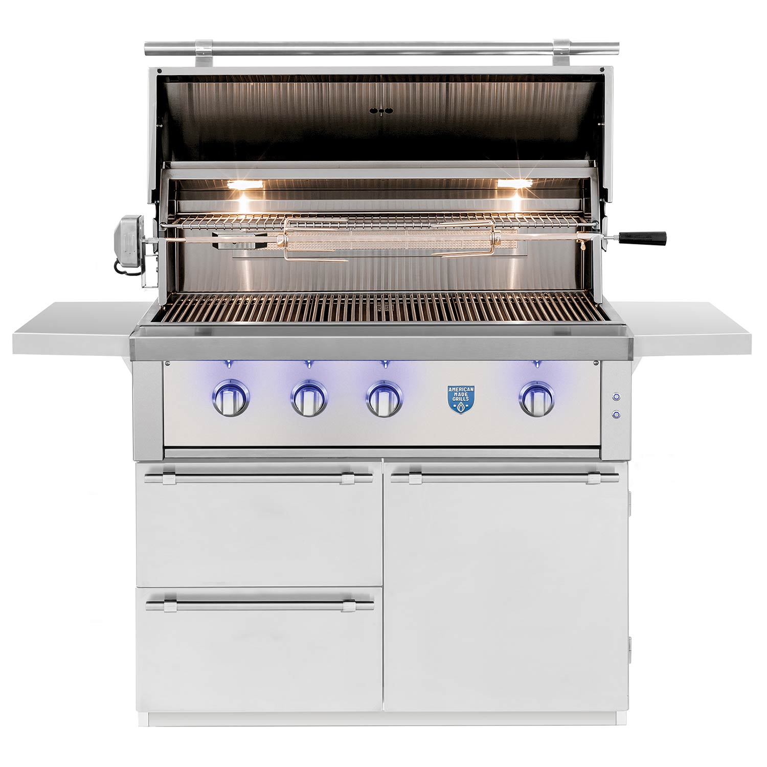 Open stainless steel gas grill lid with cooking grates and control panel