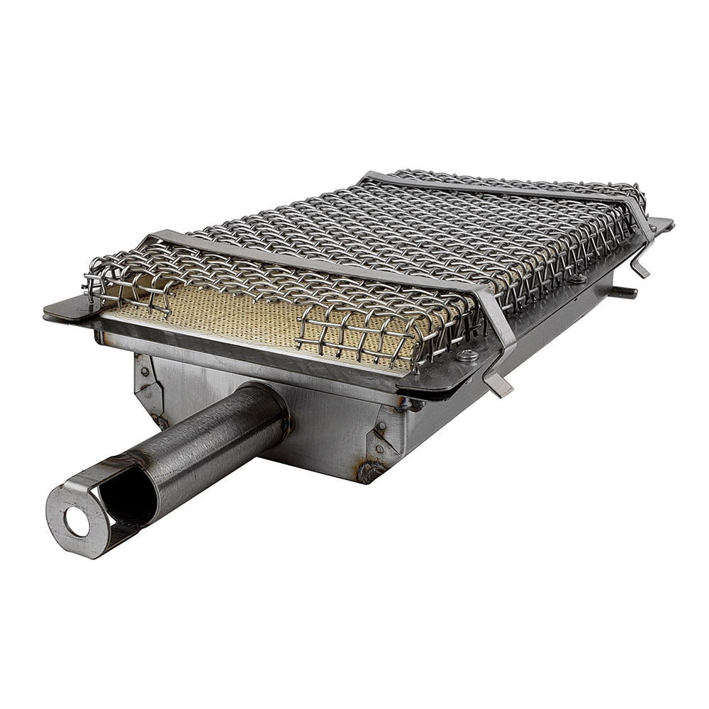 Infrared grill burner and screen with wire mesh, side outlet and metal base