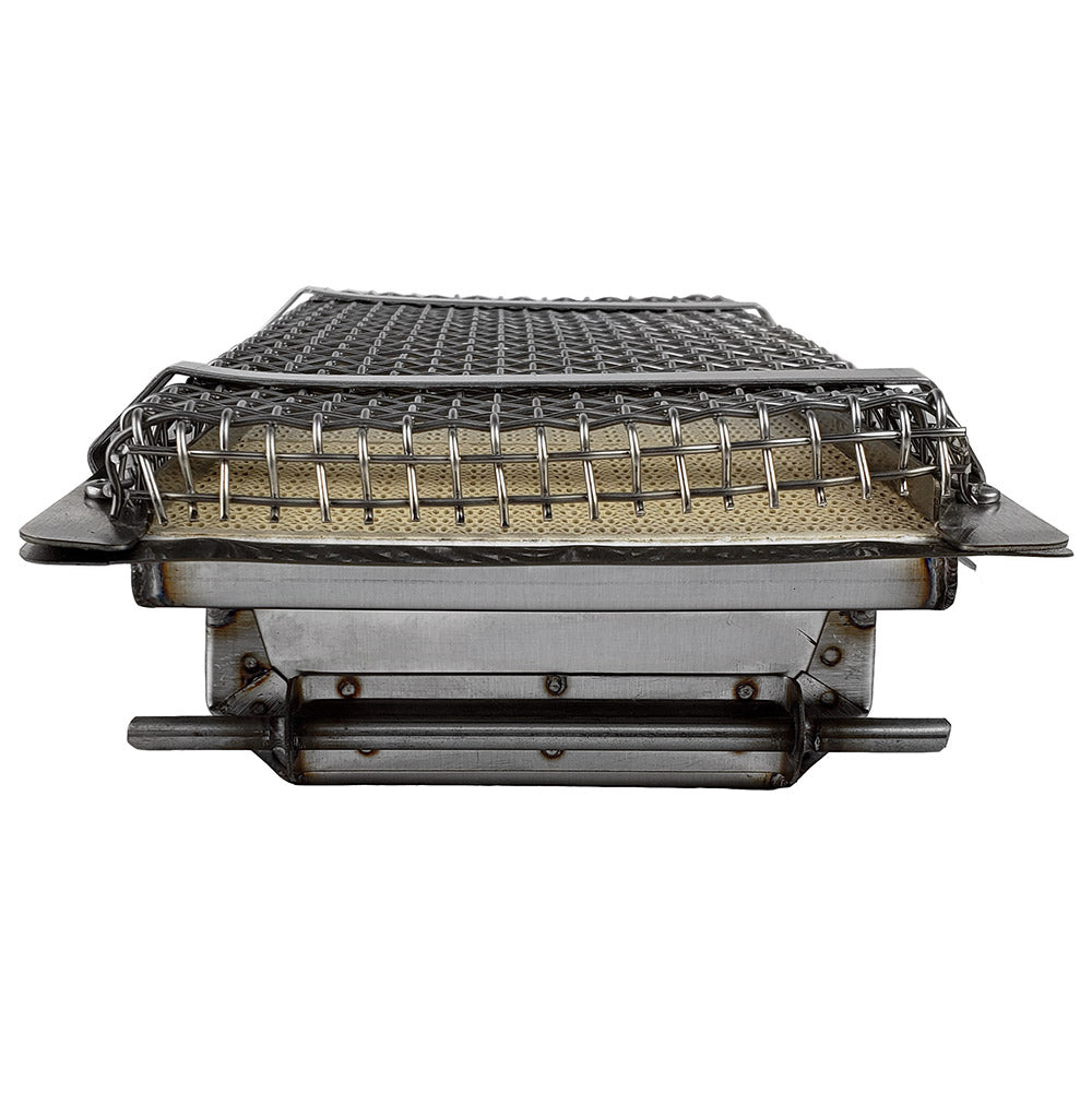 Infrared grill burner and screen with wire mesh over metal box, front view