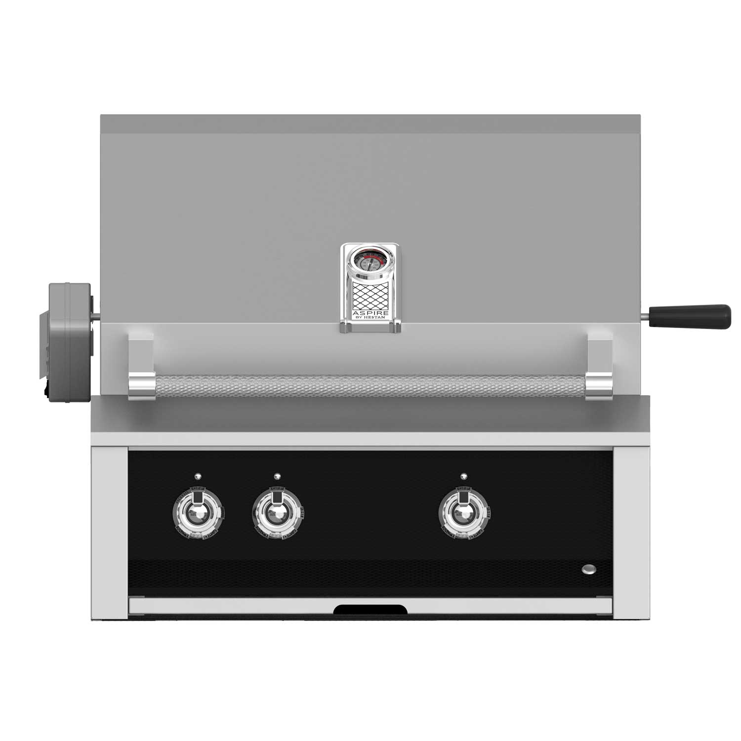 Built-in gas grill front panel with three control knobs and side handle, dark finish