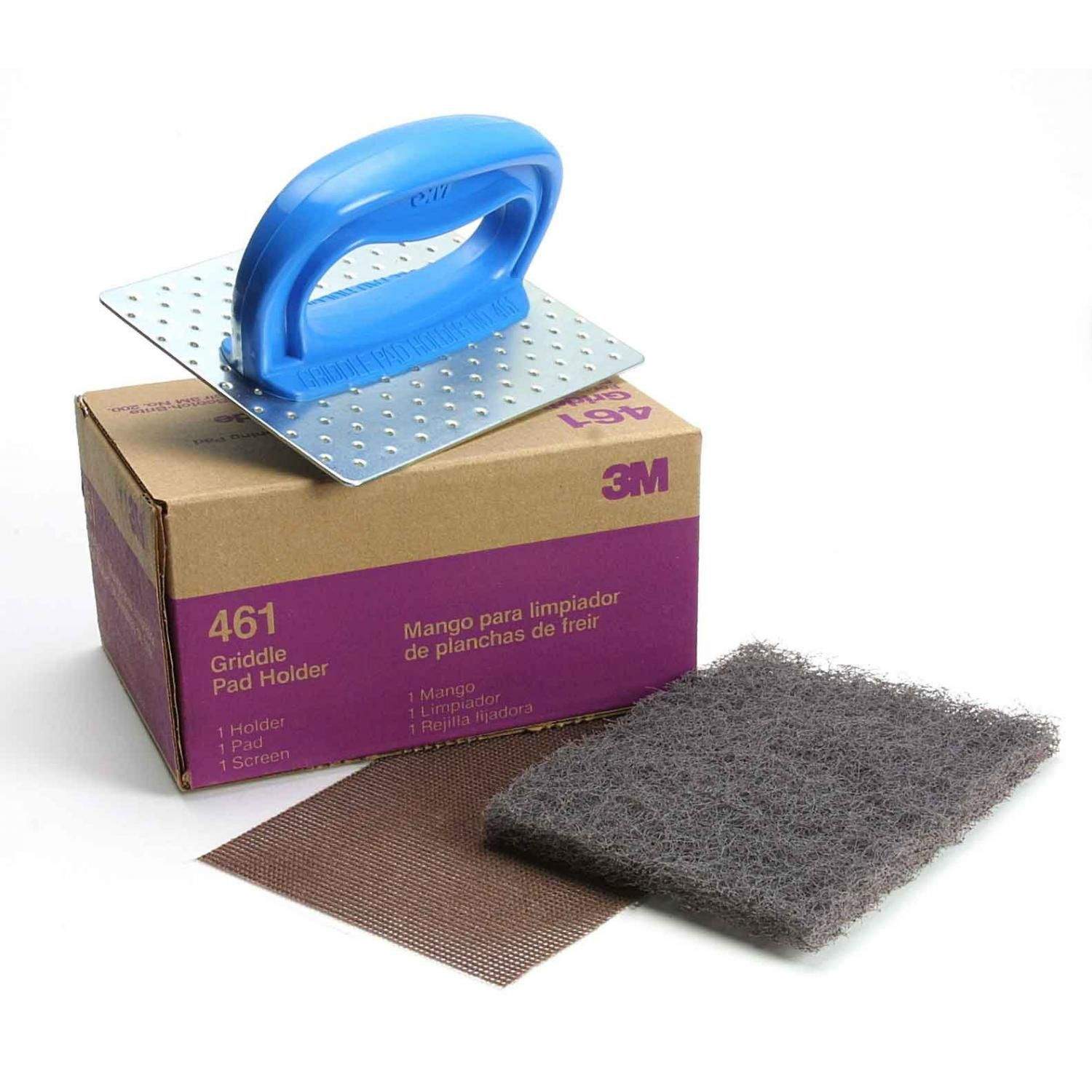 Cooktop cleaning kit with blue handle scrubber and dark abrasive pads