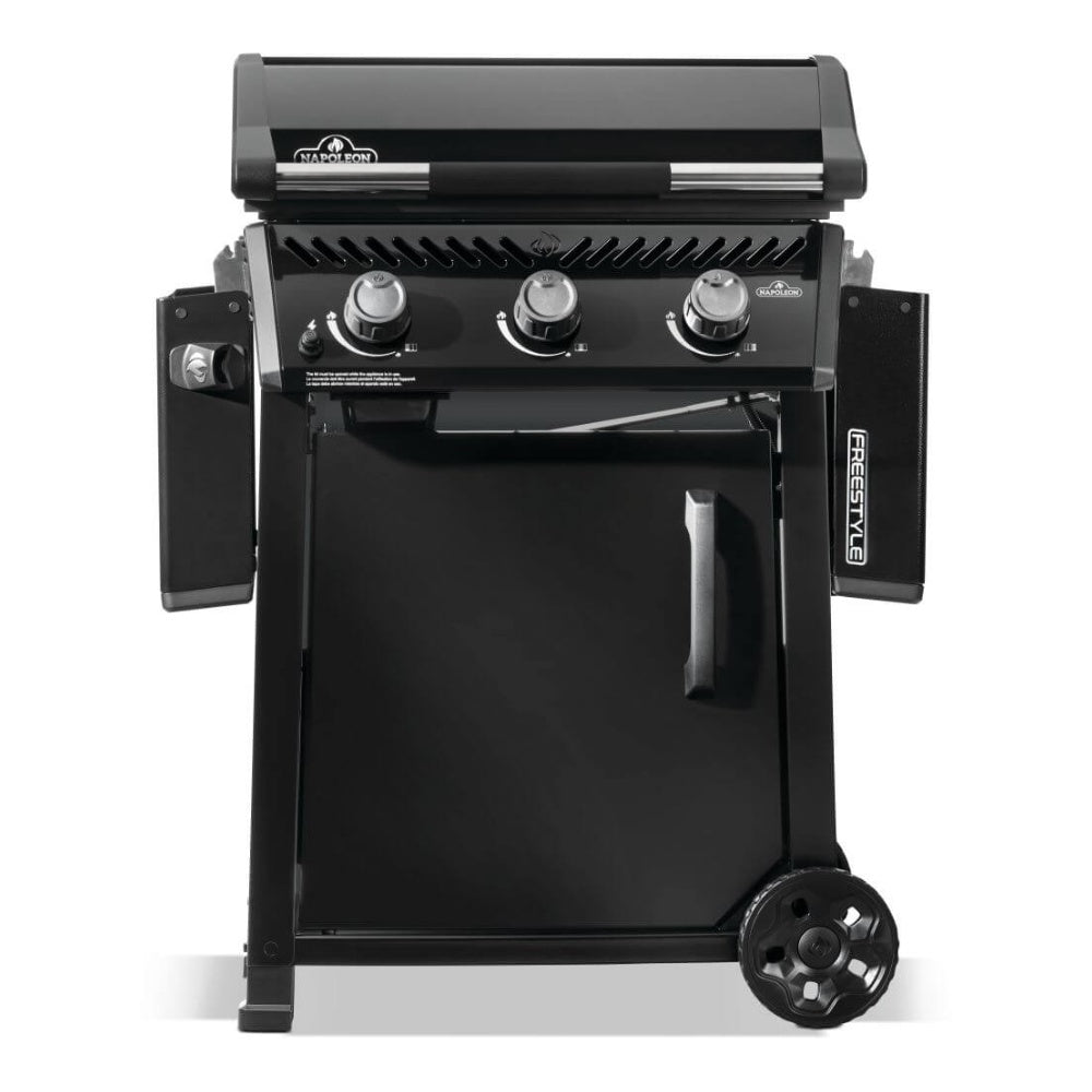 3-burner gas griddle cart with open hood, side panels, and three front burner knobs