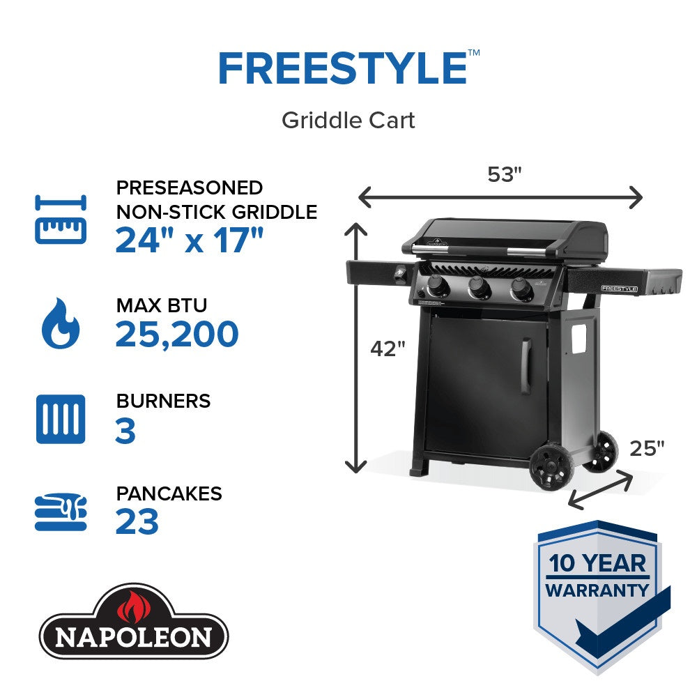 3-burner gas griddle cart diagram with front view and product label layout