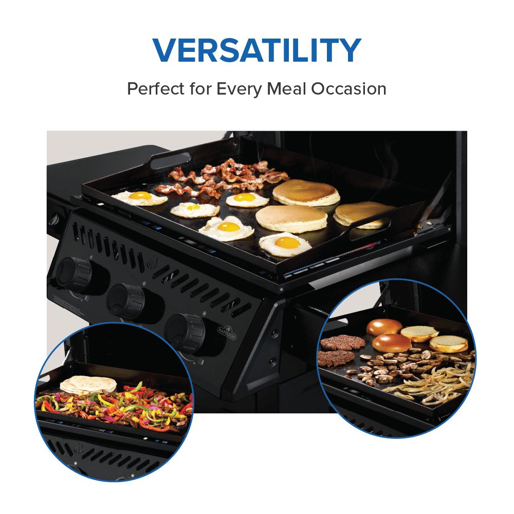 Gas griddle cart versatility graphic showing multiple foods cooking on the surface