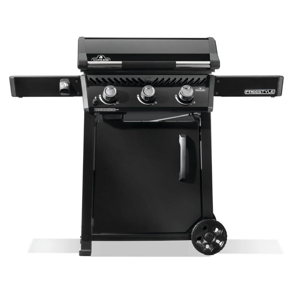 3-burner gas griddle with lid, three control knobs, and front grease tray, dark gray