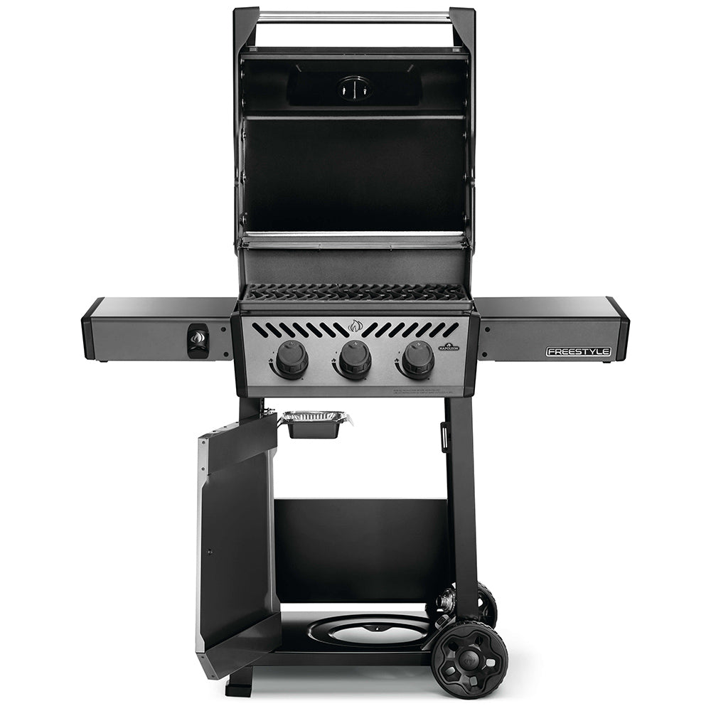 Gas grill on cart with open lid showing cooking grates and control knobs