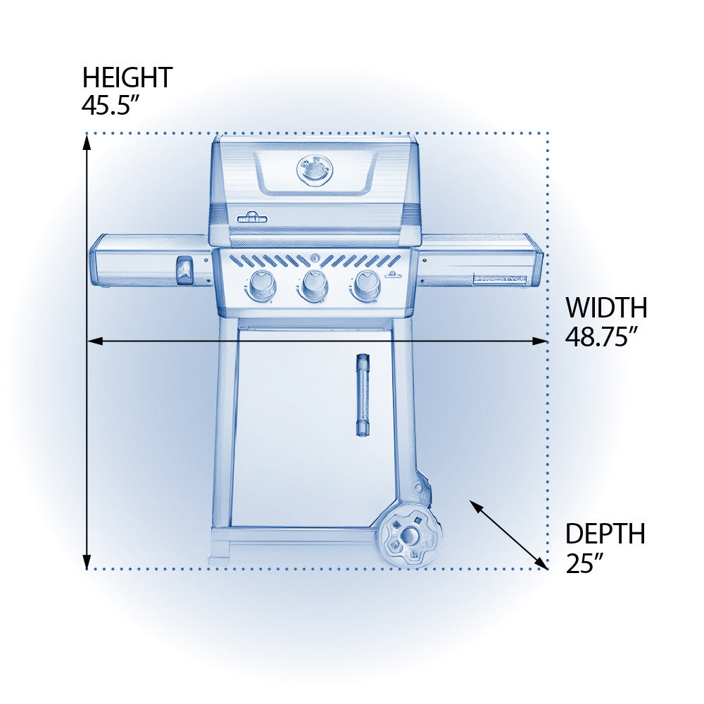 Gas grill dimensions diagram showing height, width, and depth of the cart grill