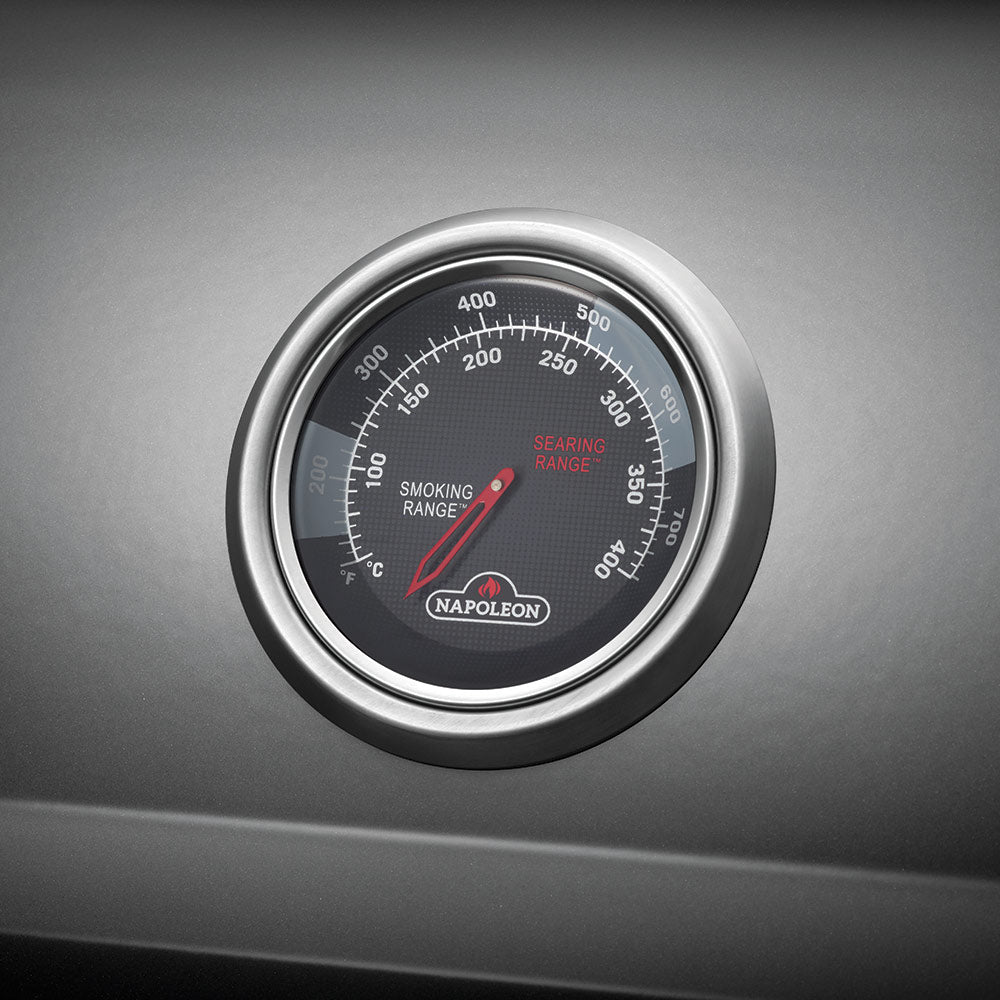 Gas grill thermometer gauge with smoking and searing range markings