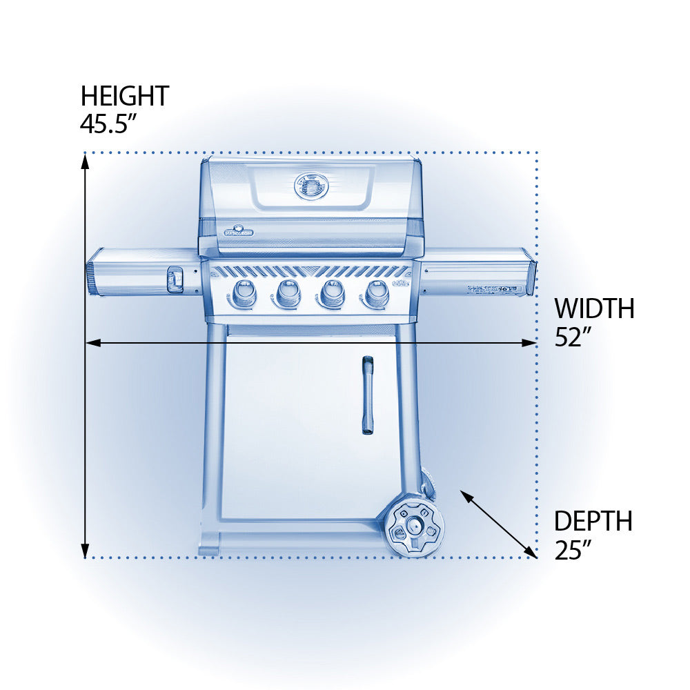 Freestyle gas grill on cart size diagram showing height, width, and depth