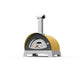 Countertop wood-fired pizza oven, yellow sides and black dome with silver chimney