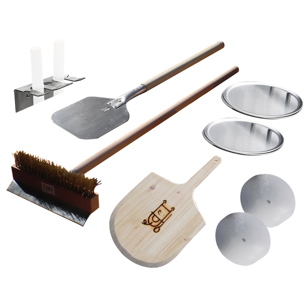 Pizza accessory package: metal peel, brush, wooden board, and two round metal bowls